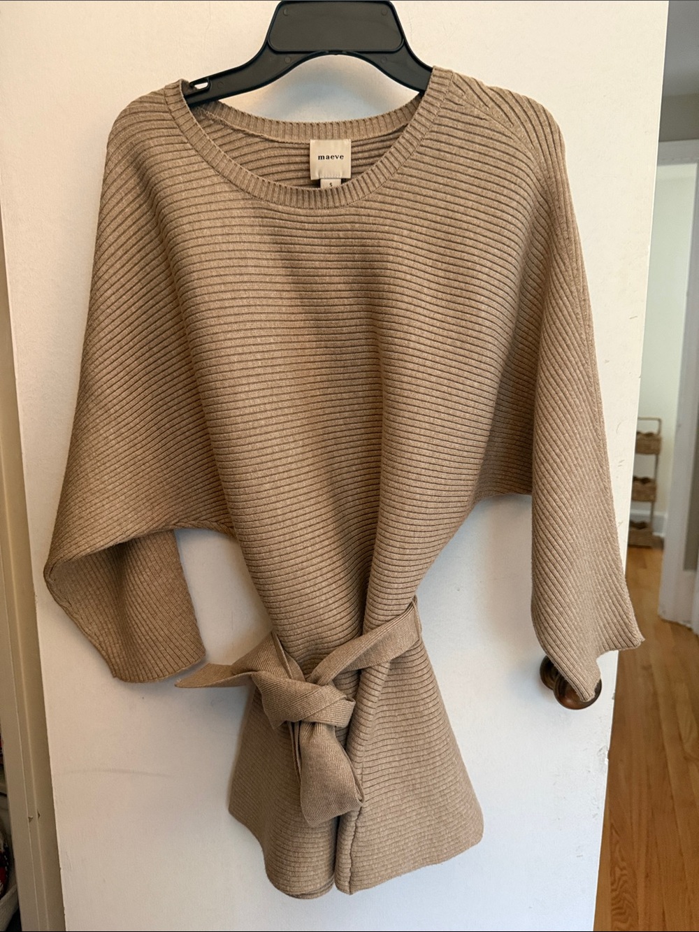 Maeve Beige Ribbed Tie-Waist Poncho Sweater